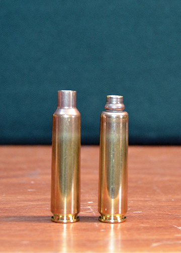 Using a 6mm-284 full-length resizing die to neck down the 284 Winchester case (left) will result in the shoulder collapsing and a ruined case (right).